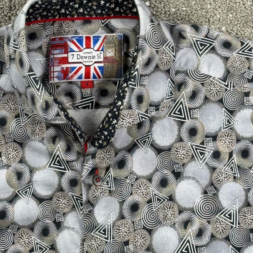 7 Downie St Couture Shirt Mens M Gray Geometric Abstract Short Sleeve Button Up